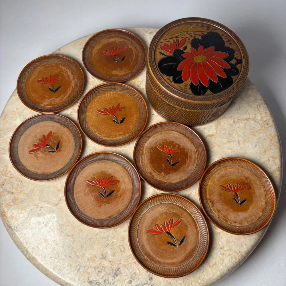 Vintage Japanese Carved Wood Coaster Set 9pc Brown Red Lotus Floral Kamakura